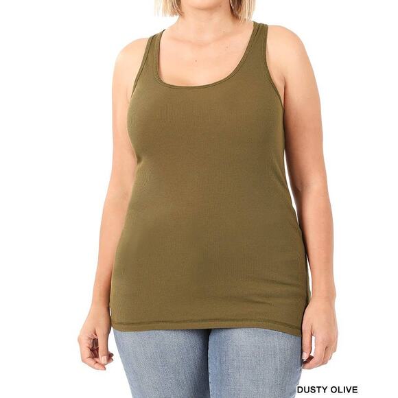 2X Dusty Olive Ribbed Seamless Racerback Tank Top Zenana oversized comfort plus - Picture 5 of 5